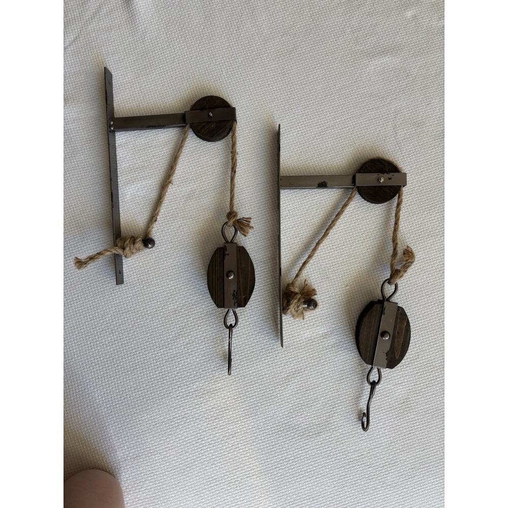 Pulley Mounting Brackets With Hook Rustic Vintage Inspired Metal Wood Twine Set - Picture 4 of 10